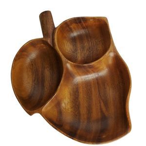 Wooden 3 Way Divided Leaf Shaped Bowl Tray Dish Monkeypod